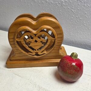 Vintage Handcrafted Wood Heart Napkin Holder Rustic Tabletop Decor Cottagecore